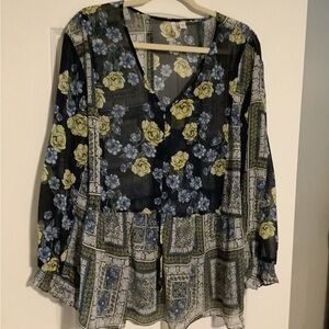 Yellow and Blue Asymmetrical Ruffled Blouse